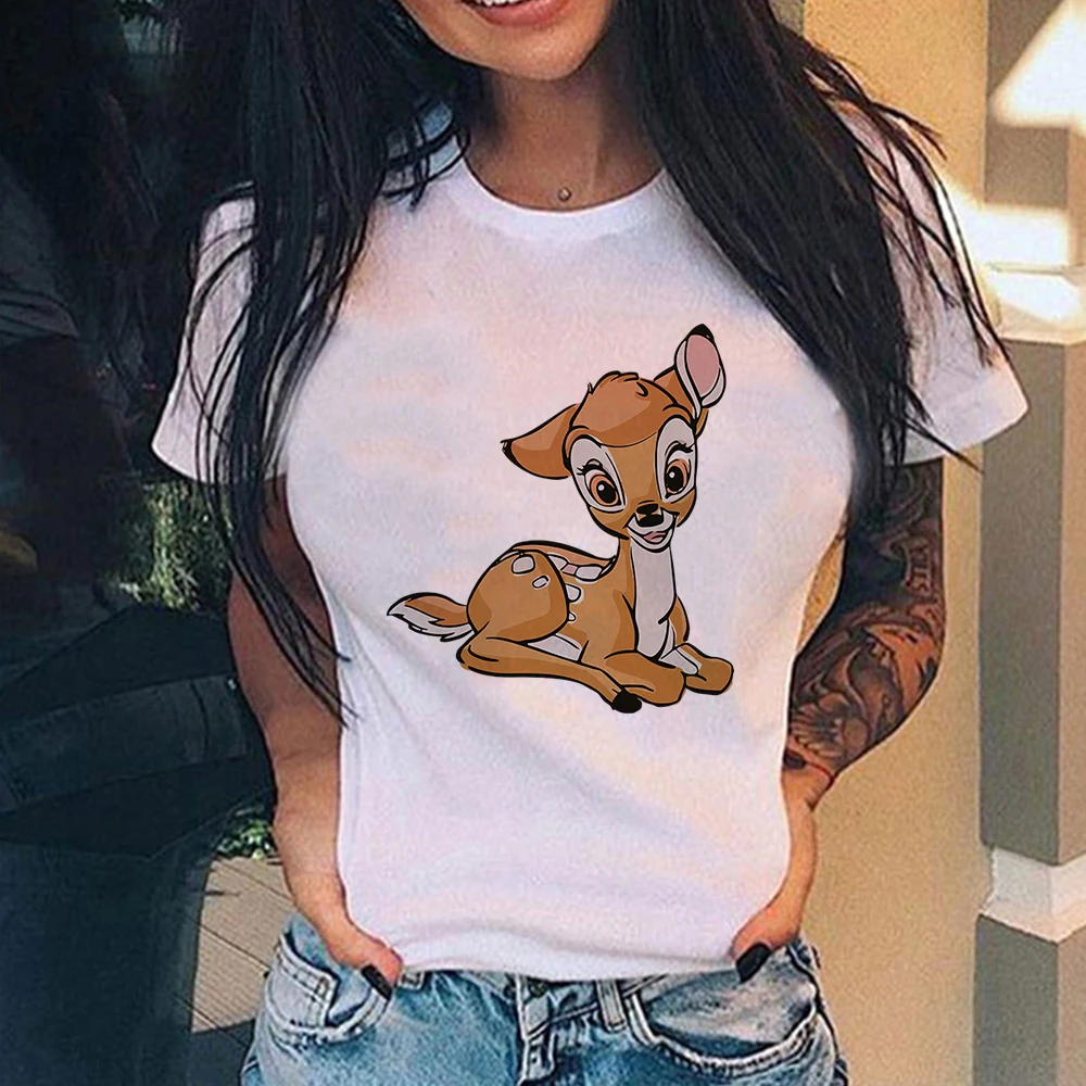 

Cartoon Trendy Printing Bambi Popular Harajuku Tshirt Creativity Comfy Flower Leisure CrewNeck Aesthetic Disney Women T Shirt