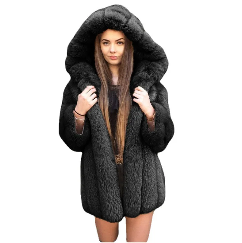Women's Leather Fur Coat Fall Winter Fashion Hooded Fur Warm Imitation Fur Coat Top Women Faux Fur Coat