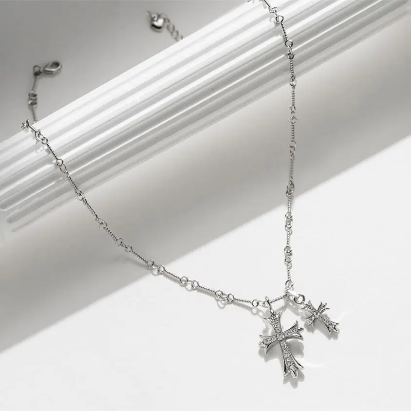 

New Fashion Zircon Double Cross Pendant Necklace for Women Trendy Christian Jewelry Christmas Gift