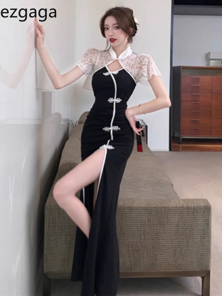 Ezgaga винтажные платья для женщин сексуальное кружевное лоскутное платье на