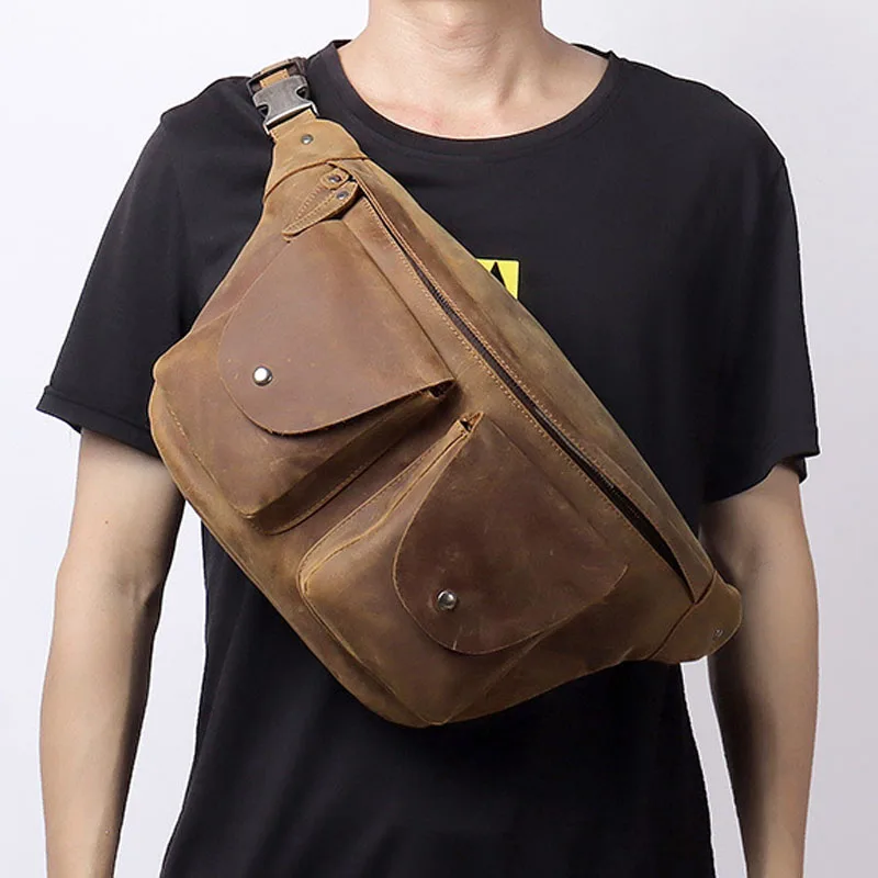 Men's large-capacity leather waist bag retro first layer cowhide messenger bag crazy horse leather chest bag men's leather retro