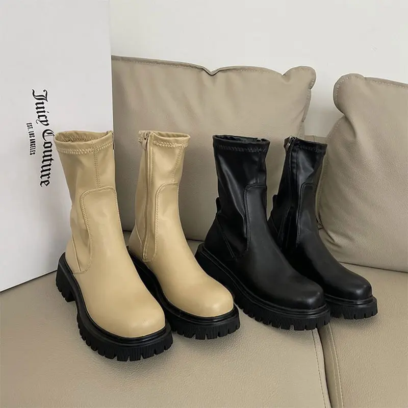 

Женские ботильоны без шнуровки, кожаные ботинки до середины икры на платформе, модная обувь на блочном каблуке, женские короткие ботинки на ...