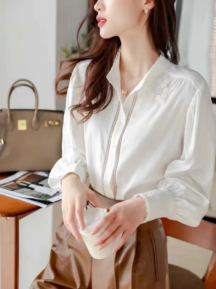 

Chiffon Loose Women's Shirts Casual Long Sleeve Blusas New Fashion Blouses Solid Color Lace Polo Collar Shirt Autumn