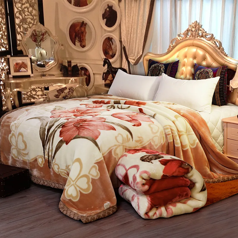 Double Layer Winter Thick Raschel Mink Weighted Blanket For Double Bed Soft Warm Heavy Fluffy Rose Flower Throw Blankets