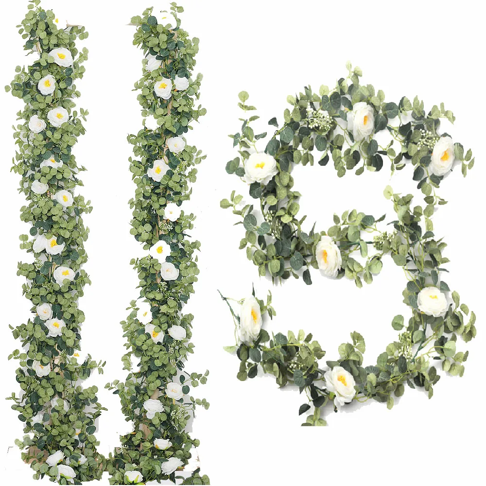 

White Artificial Silk Fake Flowers Garland Peony Eucalyptus Plants Vine Hanging for Wedding Home Party Garden Craft Arch Decor