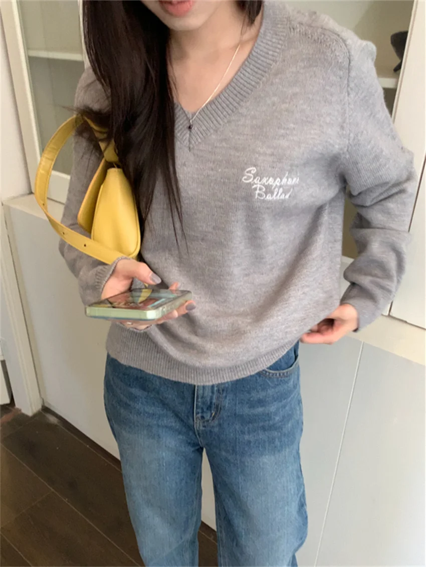 Женский свитер с V-образным вырезом Alien Kitty повседневный свободный трикотажный