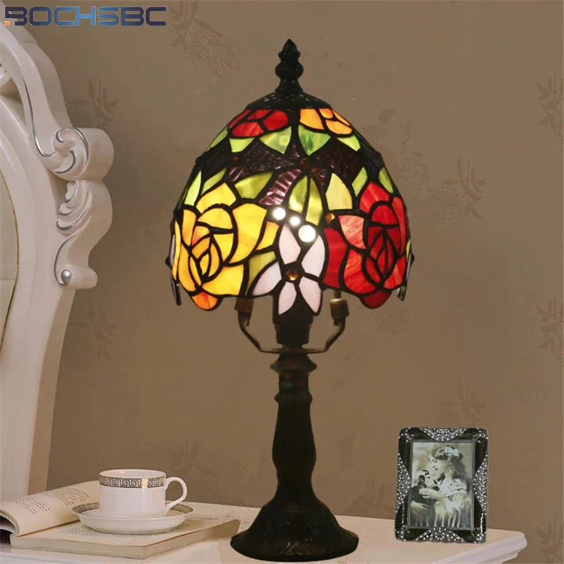 

BOCHSBC tiffany style desk light flower rose orchid stained glass table lamps 6 inch e14 handicraft home arts decor lamp light