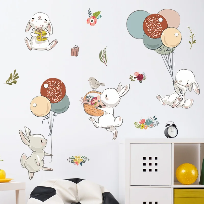 

Cartoon Cute White Bunny Air Balloon Wall Stickers Kids Room Baby Nursery Wall Decals Hares Decorative Stickers PVC Murals Vinyl