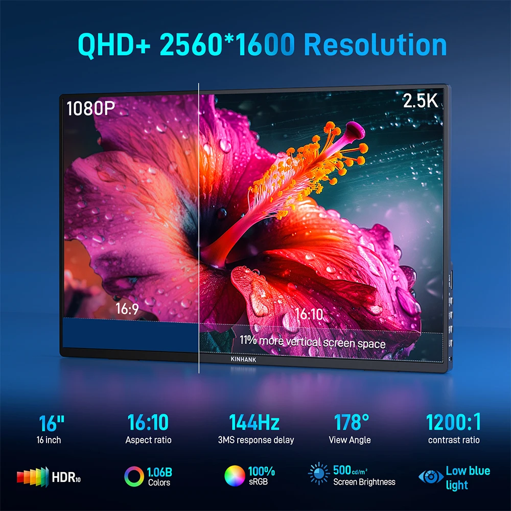 16-дюймовый интеллектуальный портативный монитор KINHANK с HDR10 2 5K 144 Гц Android 12 0 система