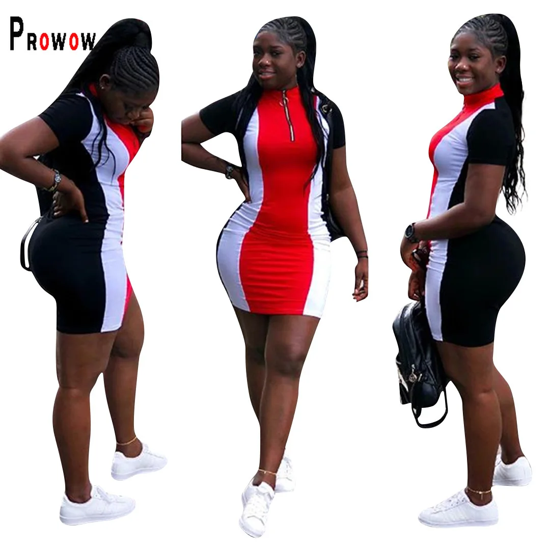 

Prowow Slim Fit Women Dress Summer Bodycon Outfitsm 2022 New Short Sleeve Mini Dresses Patchwork Zipper Nech Casual Clothing