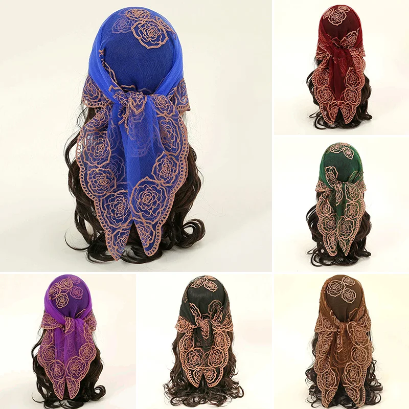 

80x80cm Flower Embroidery Square Scarf Women Popular Scarves Elegant Square Hijab Headscarf Headband Turban Shawls Breathable