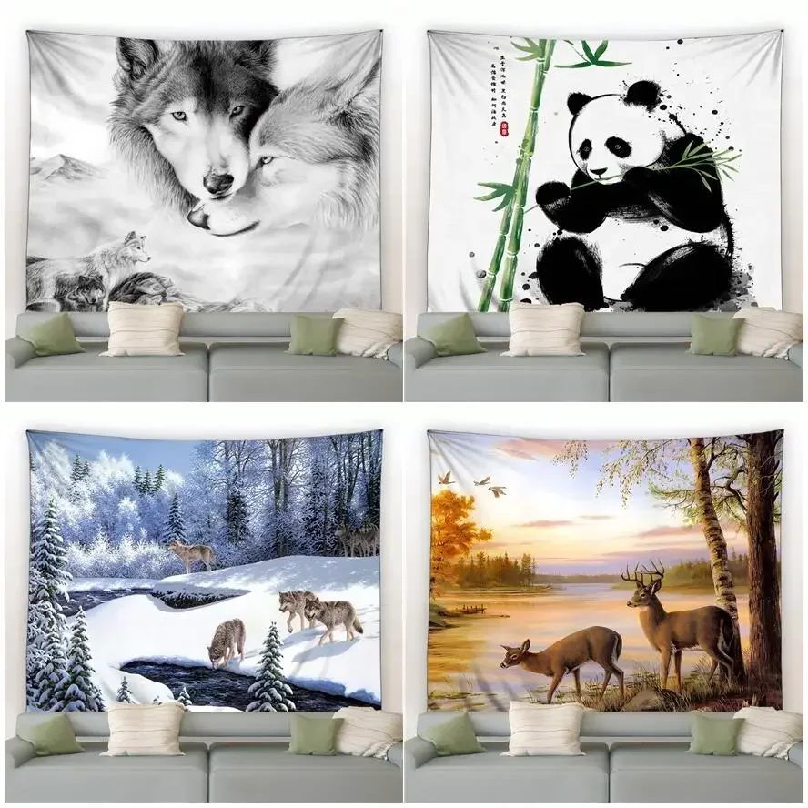 Гобелен с дикой природой снежный волк панда лось зеленое бамбуковое дерево озеро
