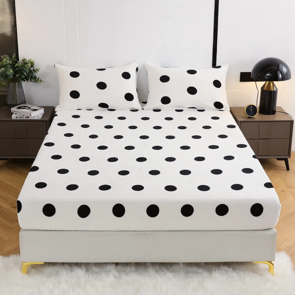 

polka dot Design Black and White Stripes Flannel Fitted sheet bed sheets Soft and Comfortable King Queen Single size