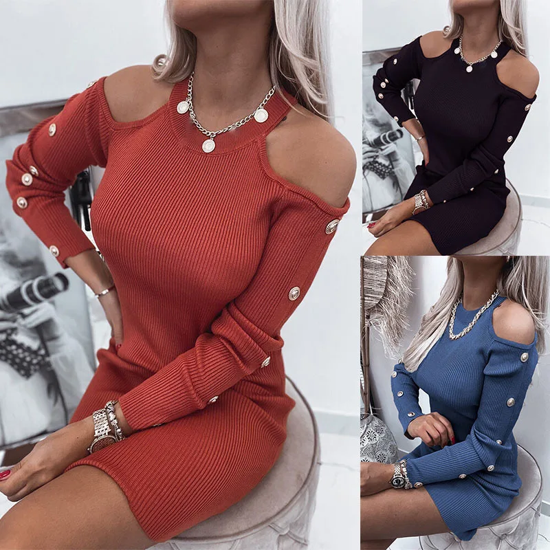

2022 Autumn And Winter American Sexy New Dresses Off Shoulder Sexy Button Crew Neck Dress Women's Solid Color Package Hip Dress