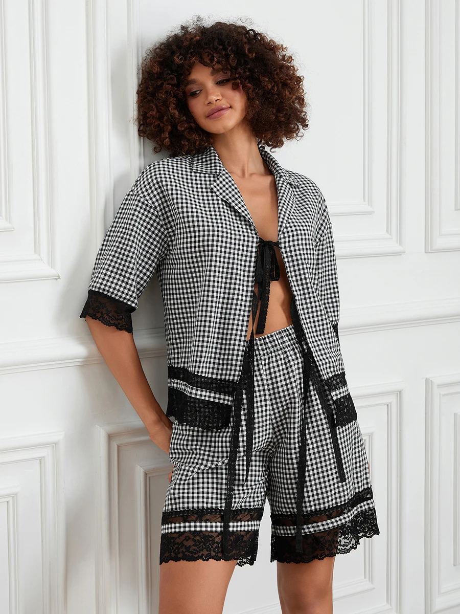 Женский летний наряд Свободный повседневный галстук-бабочка спереди в клетку с