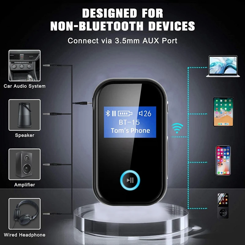 BT15P Блютуз 5.0 Приемник LCD Дисплей 3.5 мм AUX Свободные руки Звонок Микрофон Беспроводной адаптер для звука для автомобильного комплекта динамиков.