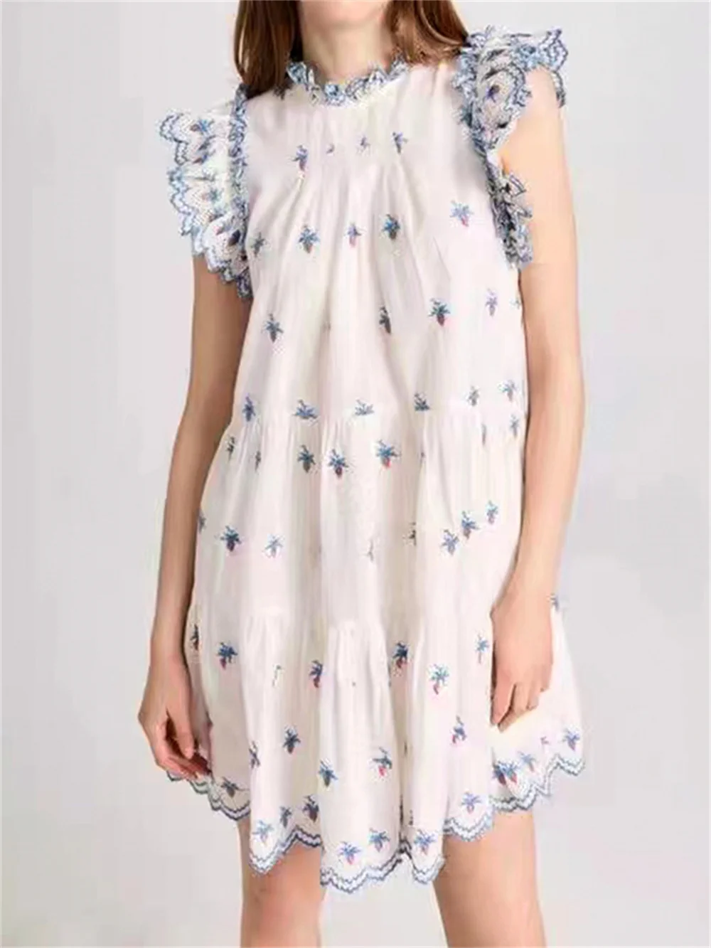 Stand Collar Ruffles Dress Women Flying Sleeve Embroidery Floral Sweet Fresh Mini Robe for Female 2023 Summer