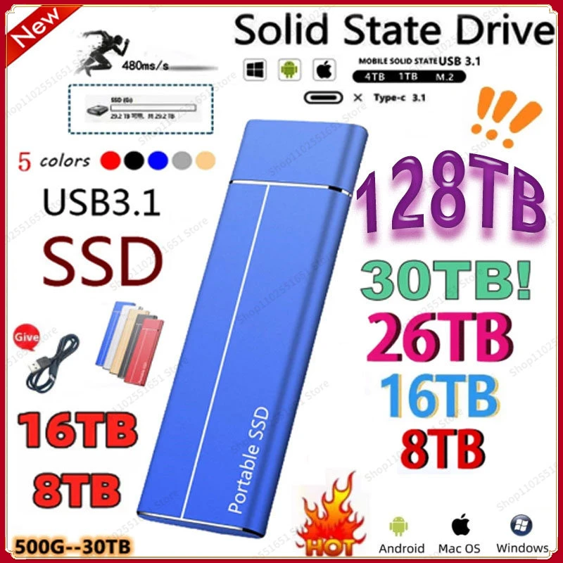 

Original High-speed 128TB 30TB 2TB SSD Portable External Solid State Hard Drive USB3.1 Interface Mobile Hard Drive for Laptop
