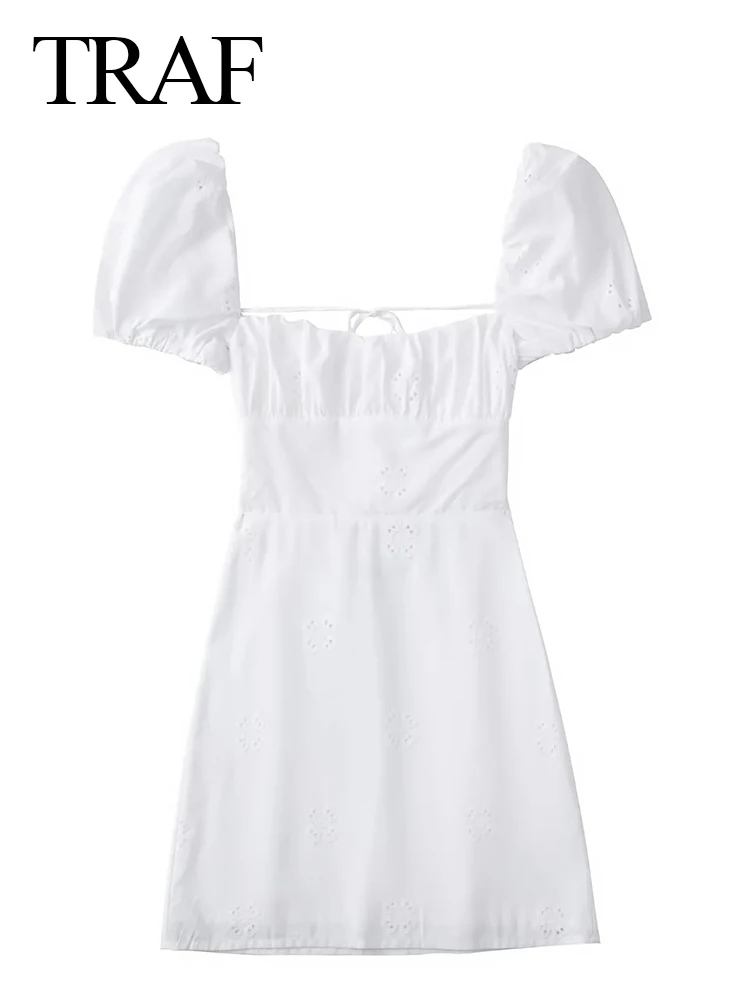 

TRAF Women Solid White Short Dress Raglan Puff Sleeves Pleated Tube Top Slim Fit Sexy Backless Strap Cross 2022 Fashion Dress