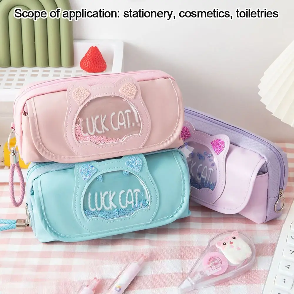 

Quicksand Cat Shape Pencil Case Cute Pencil Bag Three Layers Big Pen Case Girls Kawaii Stationery Bag Cartoon Pen Bag Student
