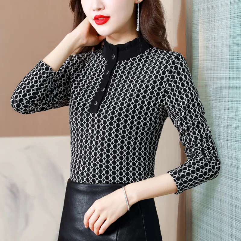 

#1676 Autumn Winter Velvet T Shirt Women Printed Tee Vintage Slim Ruffles Collar Buttons T-shirt Femme Long sleeve Thick Warm