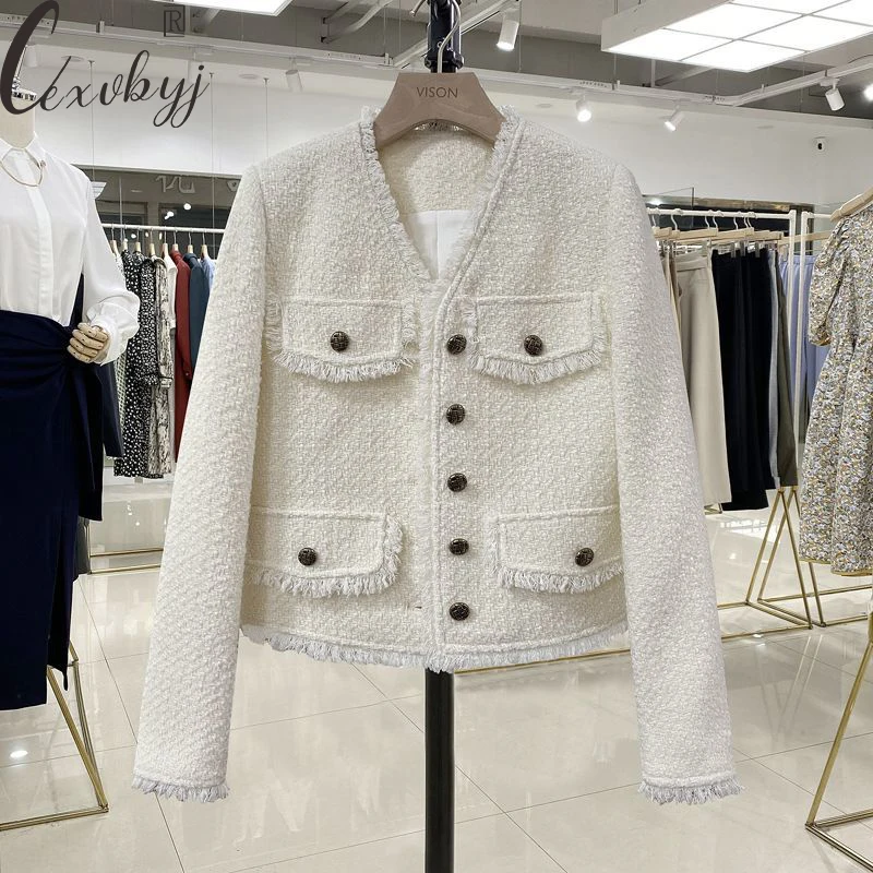 

Women Elegant Tassel Tweed Jacket French Style V-Neck Cropped Coat Office Lady Spring Autumn Wool Blend Vintage Chaquetas Casual