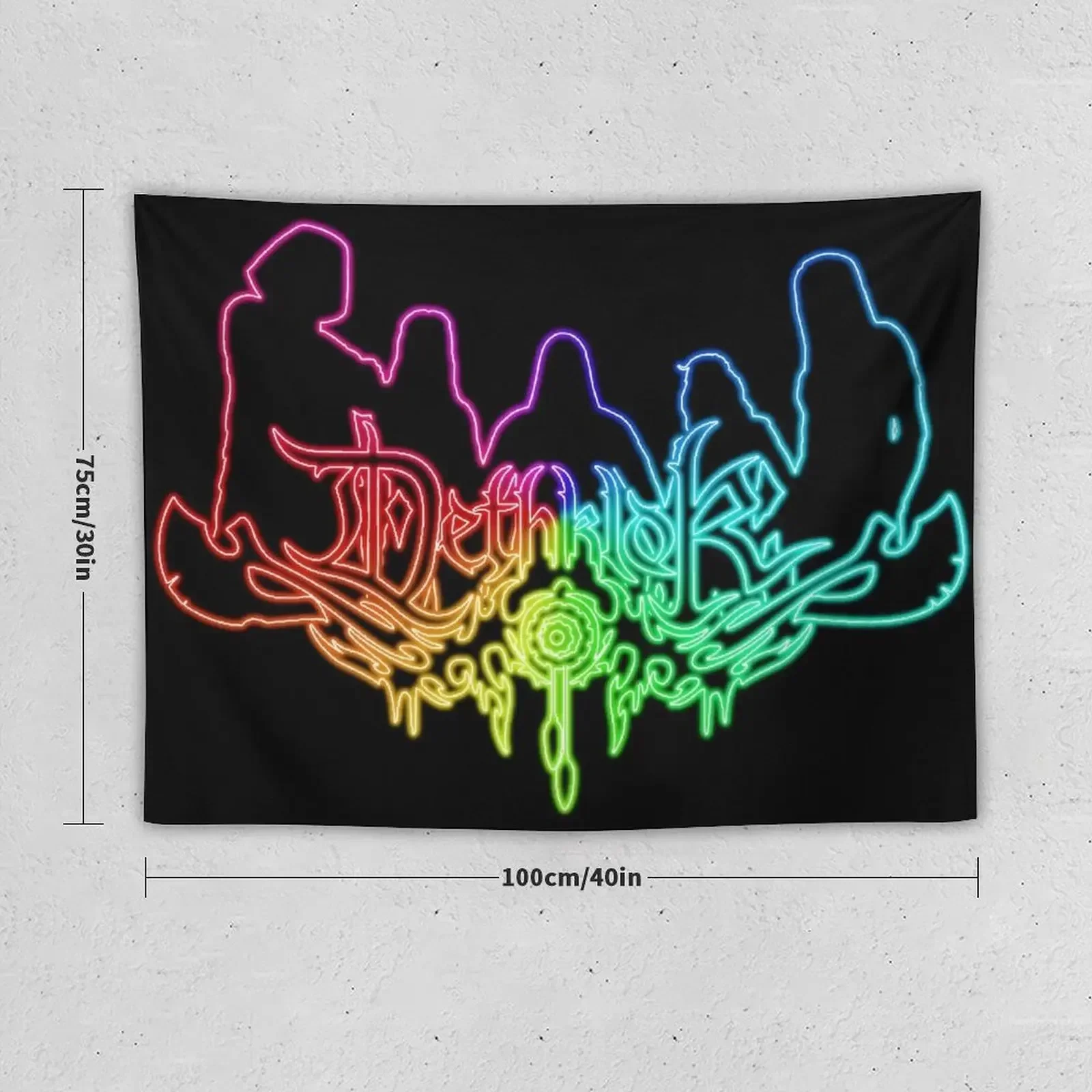 Радужная неоновая вывеска с логотипом Dethklok и силуэтом члена группы на черном