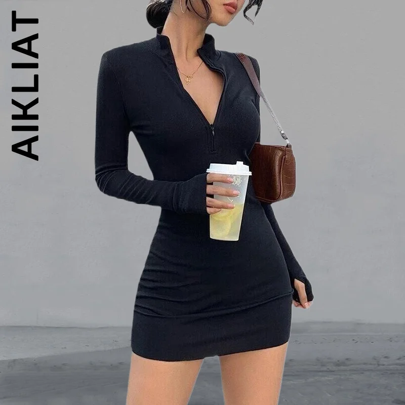 

Aikliat Dress Women New Popular OStretch Slim Soft Ribbed Knitted Turtleneck Dress Robe Simple Dress Woman Vestidos Female