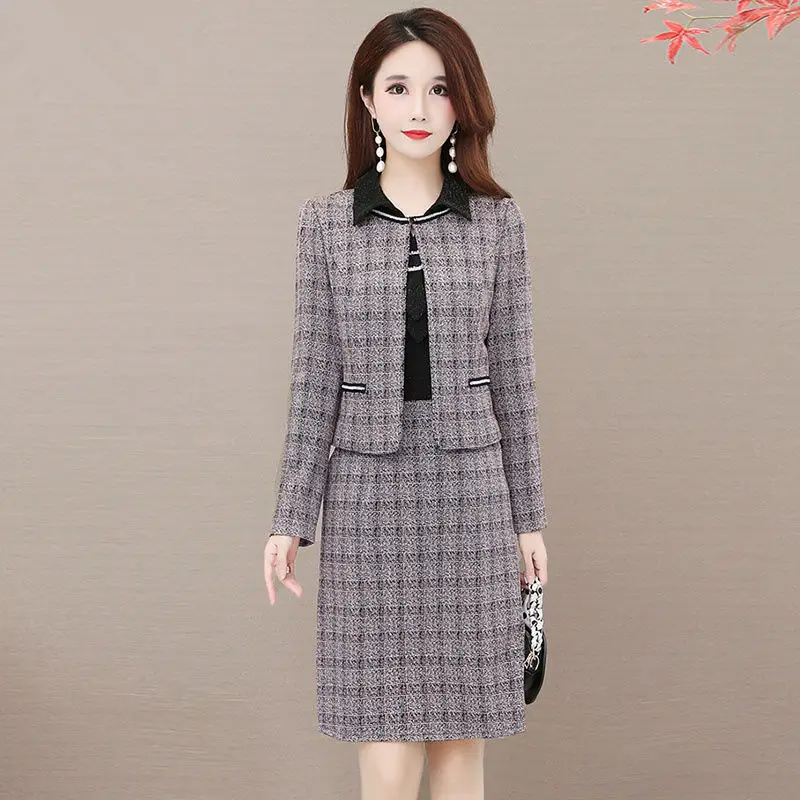 Women Vintage Dress Two Peice Suit Fall Winter Plaid Cardigans Jacket +Turn Down Collar Dress Outfits Office Lady Plus Size Set