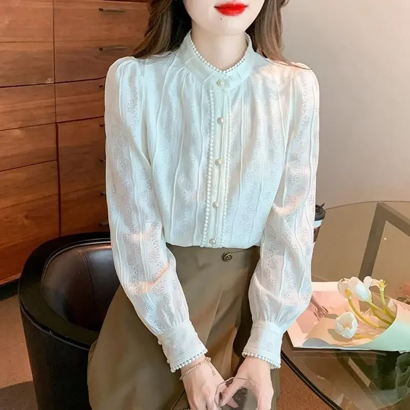 Рубашка женская однотонная с длинным рукавом модный кружевной топ в стиле