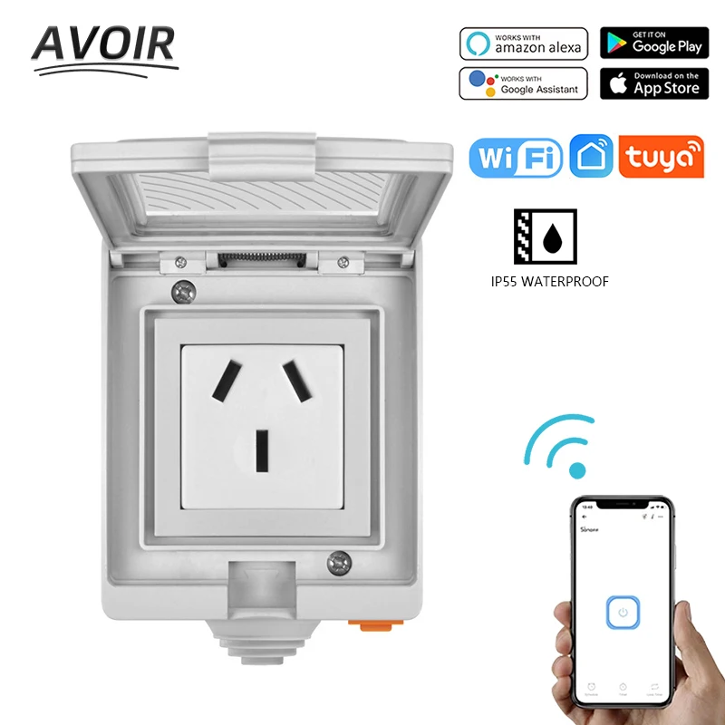Avoir Ip55 Tuya wi fi Inteligente à Prova Impermeável Água Tomada Elétrica ao ar Livre fr au ue Reino Unido Eua za Plugues Trabalhar com Alexa Google Casa Interuptor Inteligente Wifi Tuya Tomada Inteligente