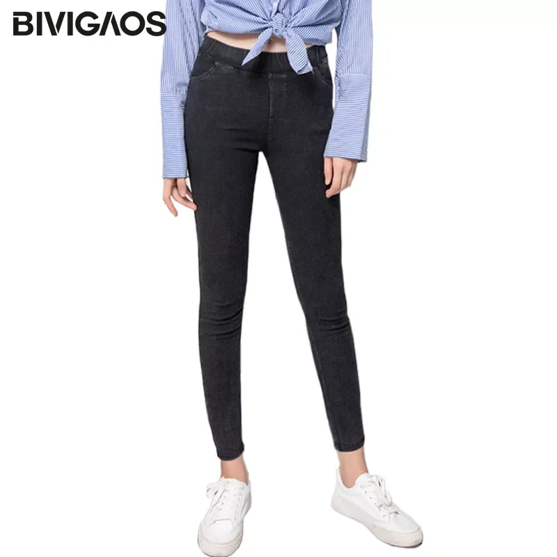 

BIVIGAOS Spring Autumn Classic Basic Style Sand Wash Jeans Leggings Women Elastic Snowflake Denim Pencil Pants Skinny Jeggings