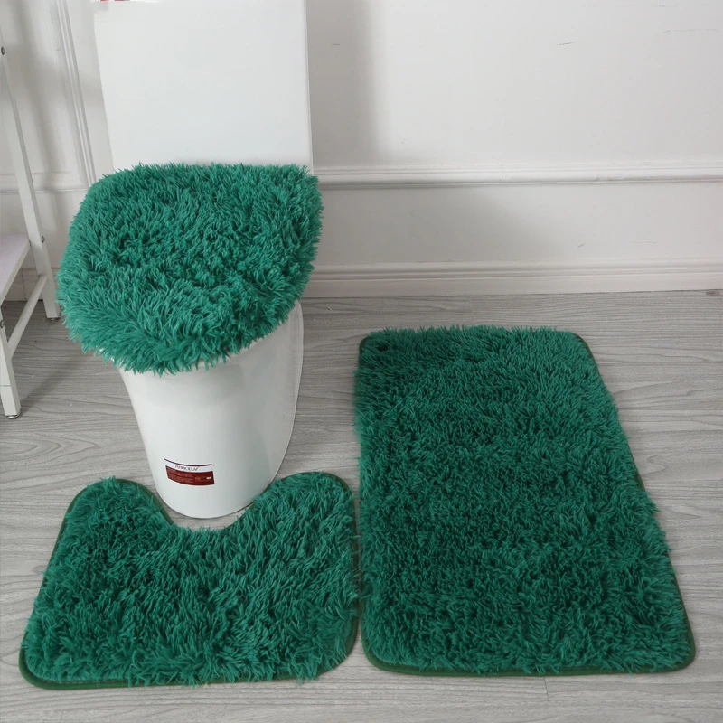 

3pcs/set Solid Color Bathroom Mat Set Fluffy Hairs Bath Carpets Toilet Soft Non Slip Rug Toilet Lid Cover Rugs Floor Mats Kit
