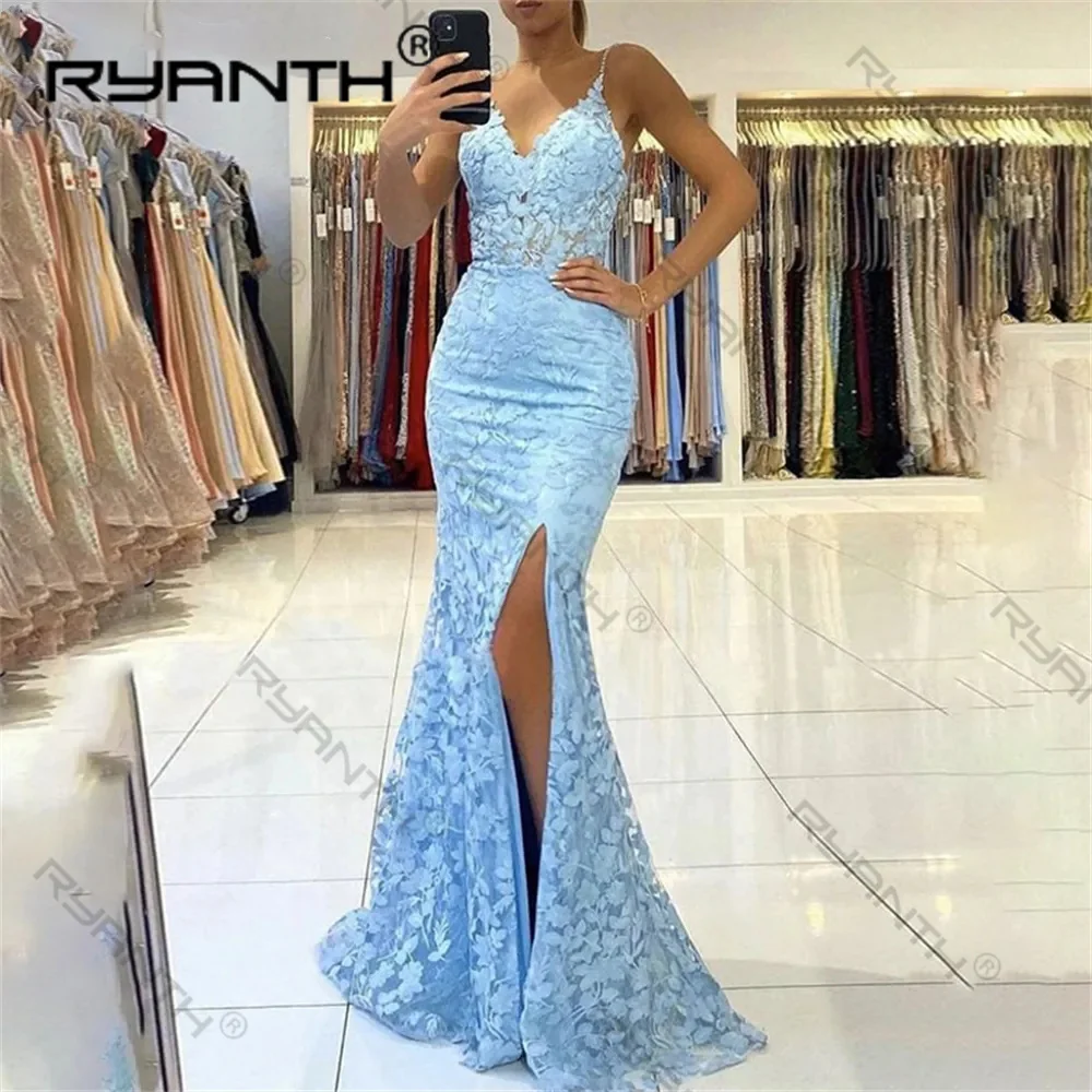 

Spaghetti Straps Evening Dress V-Neck Mermaid Prom Gown Dress Women Side Split Appliques Lace vestidos de noche Special Events