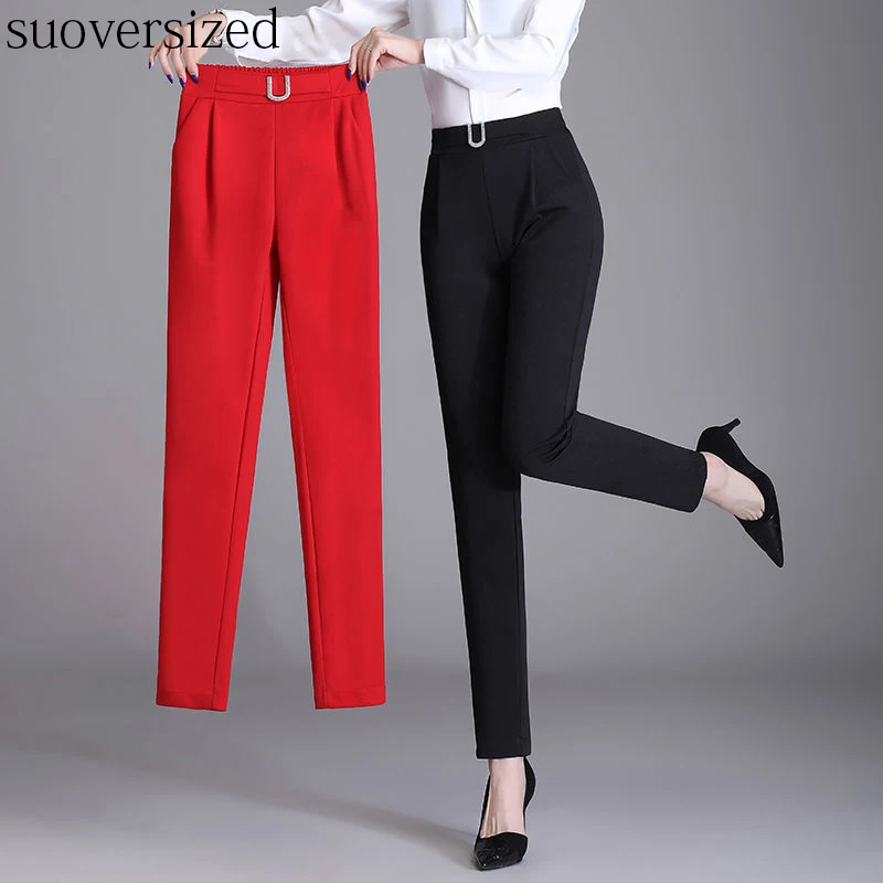 

Suoversized 5XL Suit Pants Office Lady Elastic Waist Capris Korean Fashion Ropa Mujer Pencil Trousers Classic Roupas Work Wear