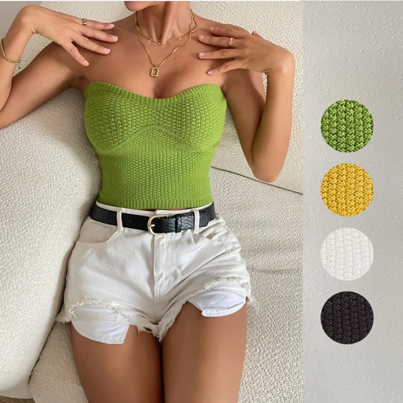 

Girls Slim Fit Green Knit Top Women Sexy Strapless Knitted Tube Top Tank Camisole Ladies Yellow Bustier Crochet Top Streetwear