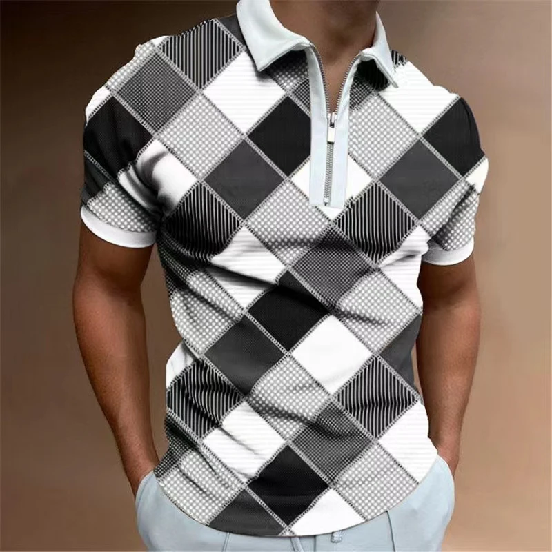 

Tshirts for Men Stripe Short Sleeve Polo Shirts Streetwear Mens Clothing Slim Zipper Neck Turn Down Collar Graphic T Shirt Tops