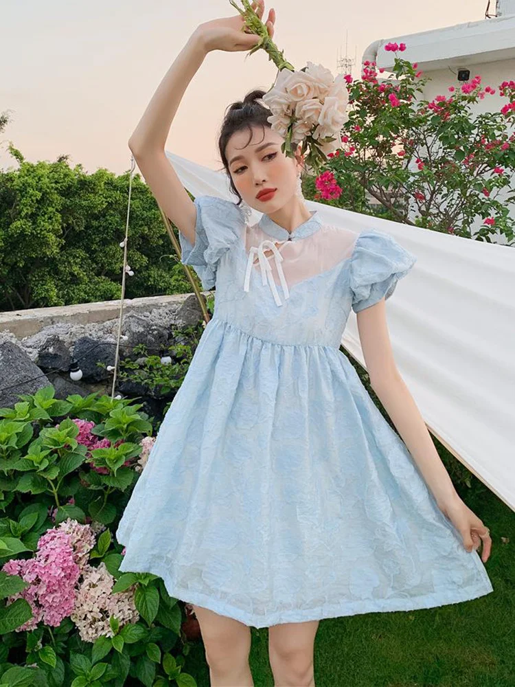 

Blue Jacquard Dress For Women Short Puff Sleeves Stand Collar Patchwork Dresses Female Cute Clothing 2022 Summer G604