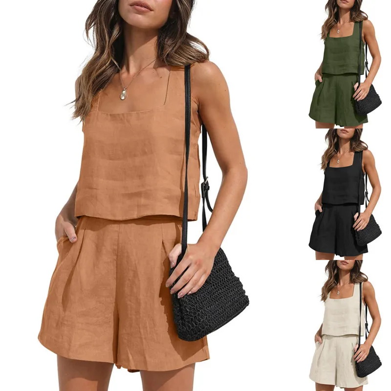 

Women Nightwear 2 Piece Sets White Sleeveless Linen Crop Top Casual Female Home Suits With Shorts Spring Sleepwear Tracksuits