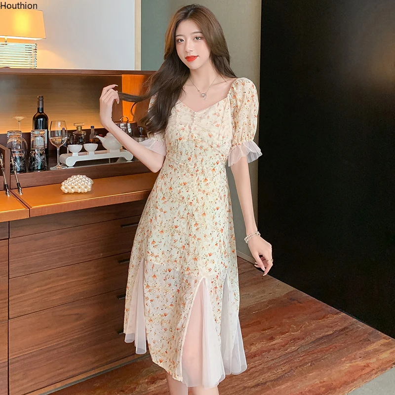 

Chiffon Women's Dress Short Sleeve New Fashion Dresses Gauze Flower Stitching Square Collar Summer 30072