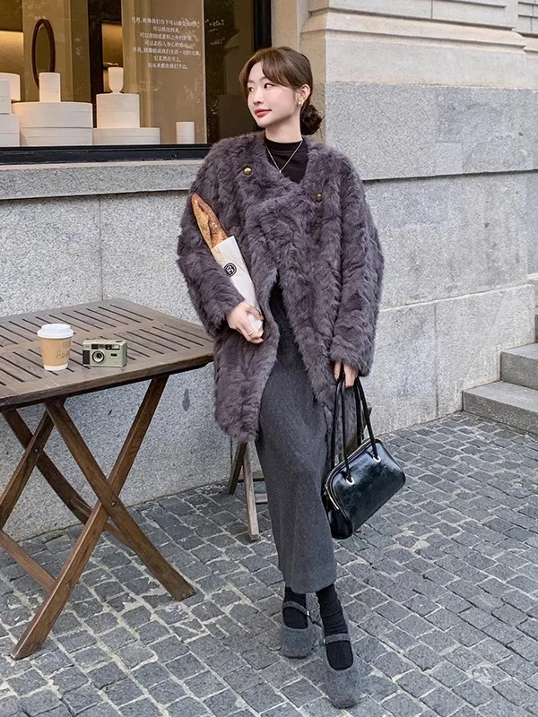 French sle Light Luxury High-Grade Environmental Protection Fur Outerwear Women Autumn and Winter 2024 New Mid-Length Gold ...