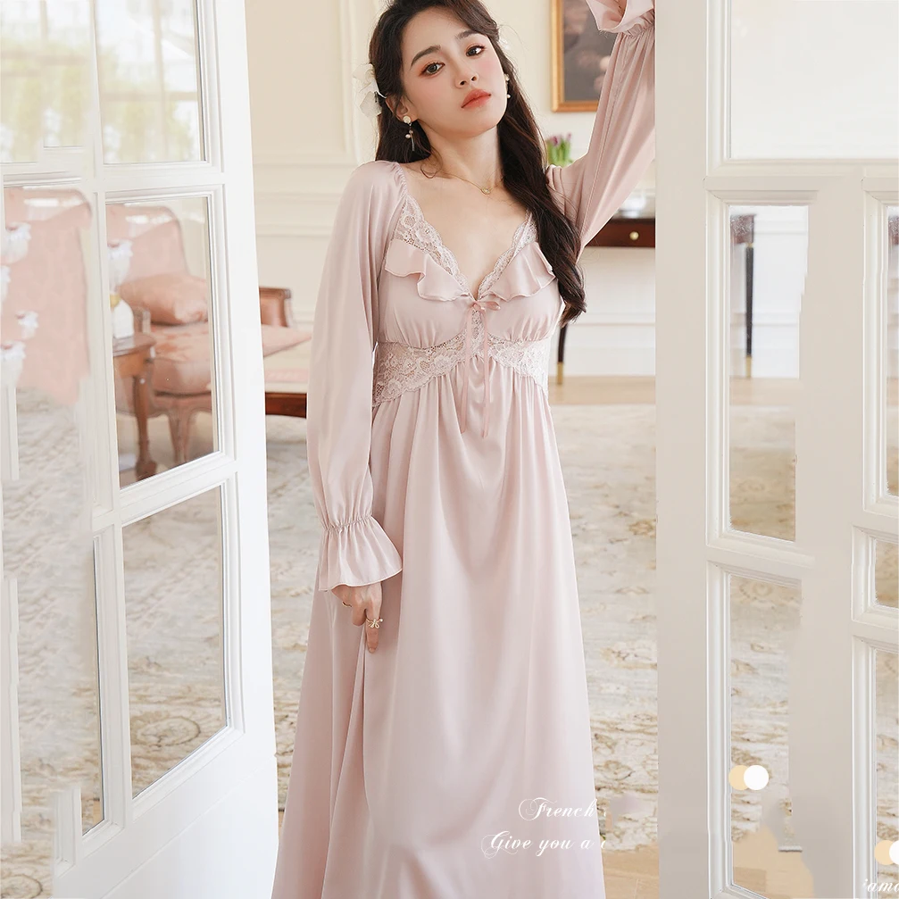 

Ночная рубашка Женская длинная, Шелковый Атласный халат во французском дворцовом стиле, Свободная Домашняя одежда для сна