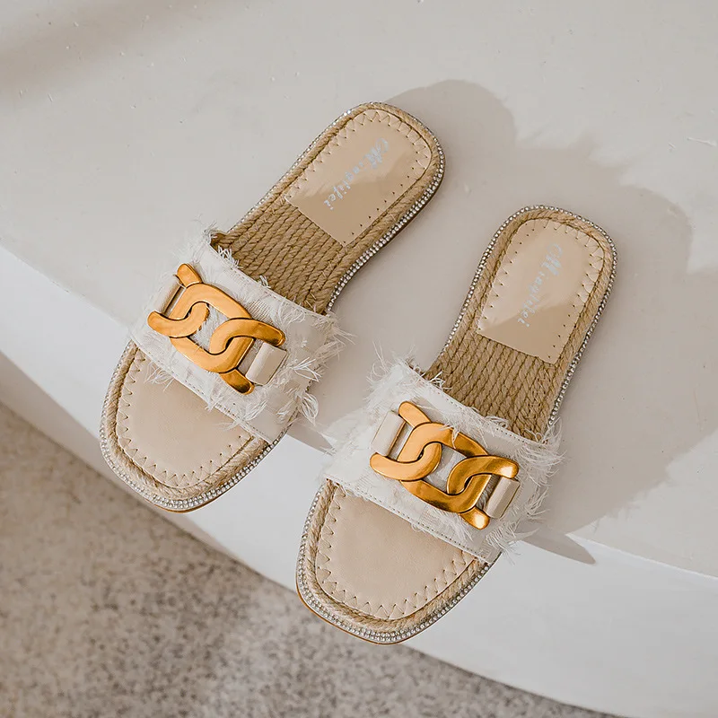 

Plus Size 42 43 Women Flat Sandals Slip on Metal Chain Hemp Sole Fisherman Slippers Leisure Outdoor Lady Shoes Causal Slides