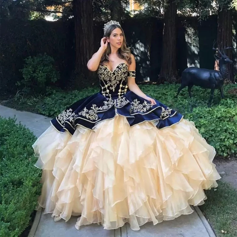 

Navy Velvet Champagne Organza Quinceanera Dresses Damas Embroidery Ruffle Off The Shoulder Corset Back Sweet 16 Dress Prom Ball