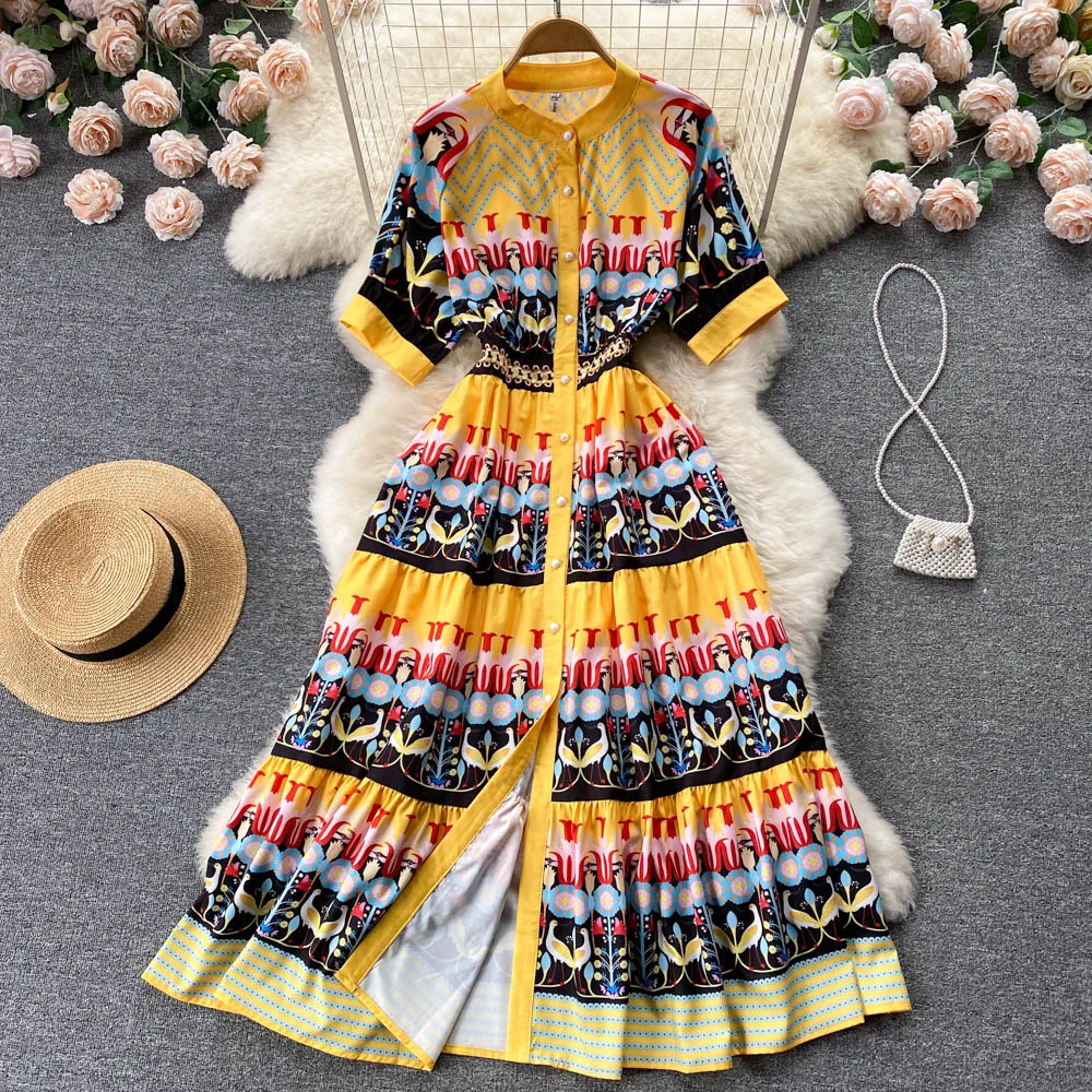 

Women New Fashion Summer Round Neck Banquet Dress Retro Palace Slim Short Sleeve Single Breasted Elegant Dresses Vestidos G399