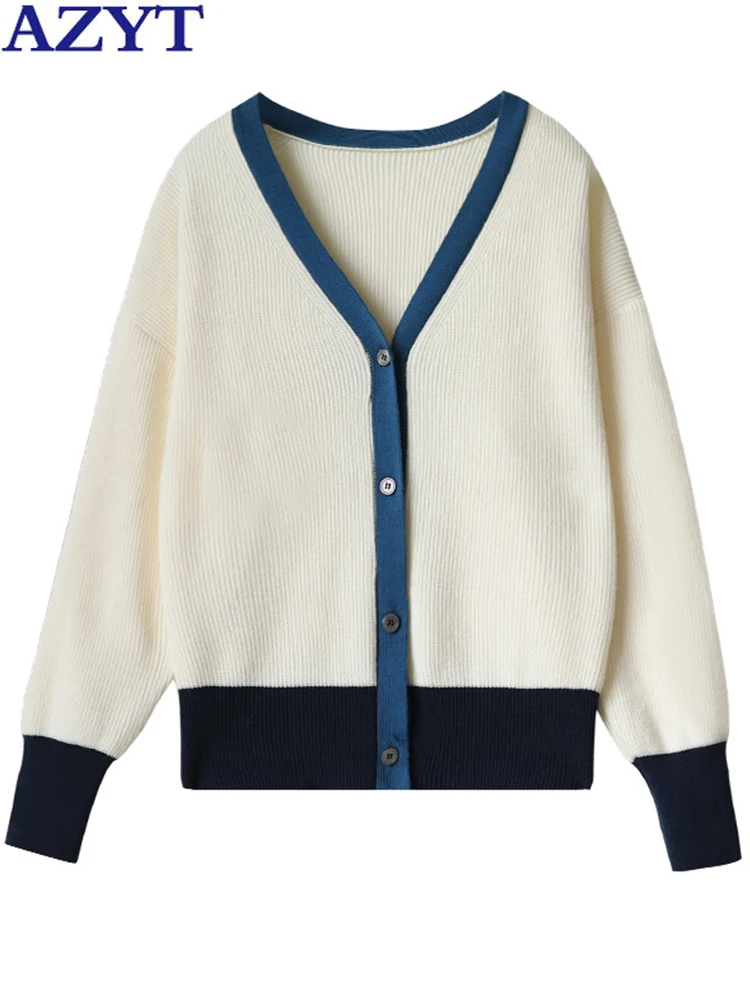 

AZYT Women Patchwork Knitted Cardigan Sweaters All Match V Neck Women Sweater Coat Autumn Loose Knitwear Pull Femme Tops