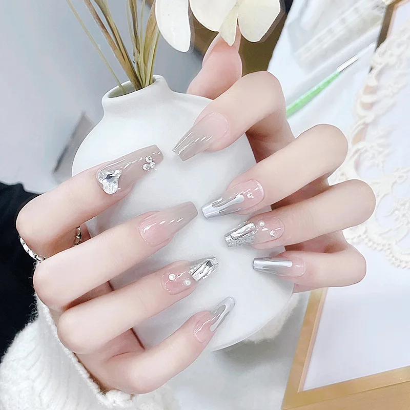 

24Pcs/Box New Fake Nails Press On Full Cover Rhinestones Wearable Artificial Finished False Nails Detachable Fashion Manicure