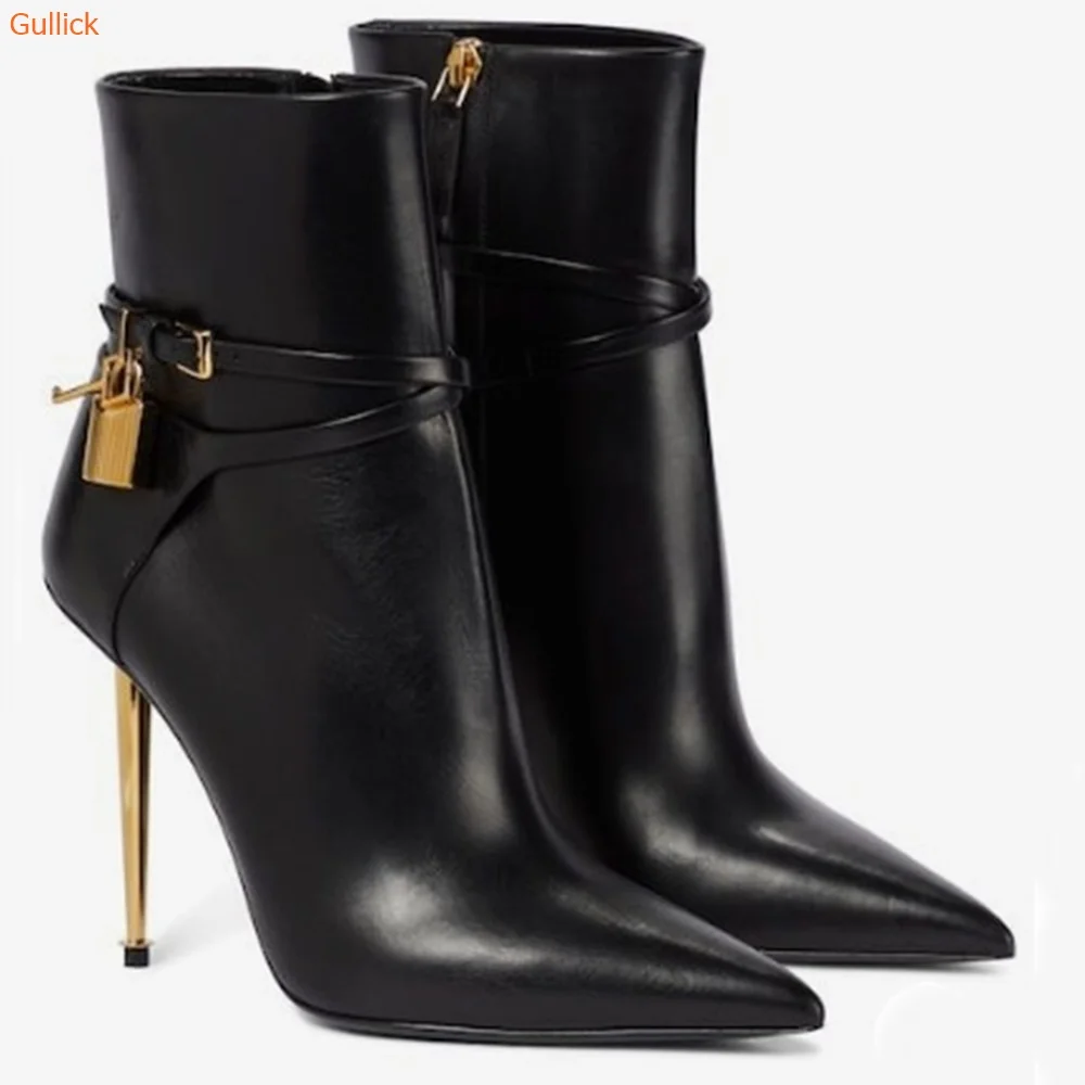 Solid Color Pointed Toe Ankle Boots Gold Lock Metal Heel Stiletto Heel 10CM Women Patent Leather Suede Short Boots 44 SIZE