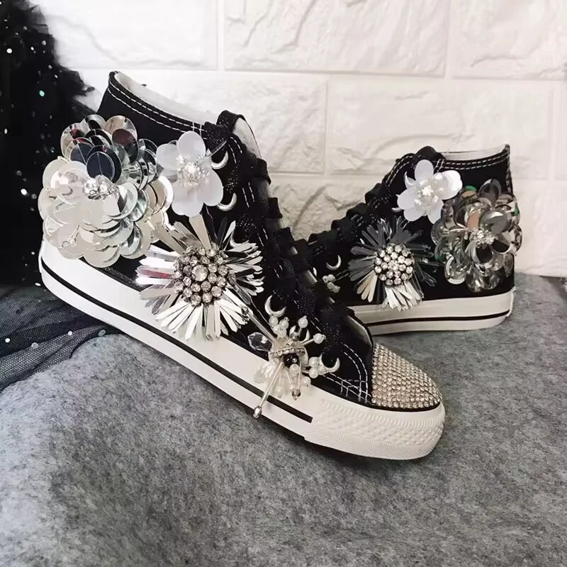

New canvas shoes inside increase women's casual shoes thick soles lacing high top sequins large size women 35-46