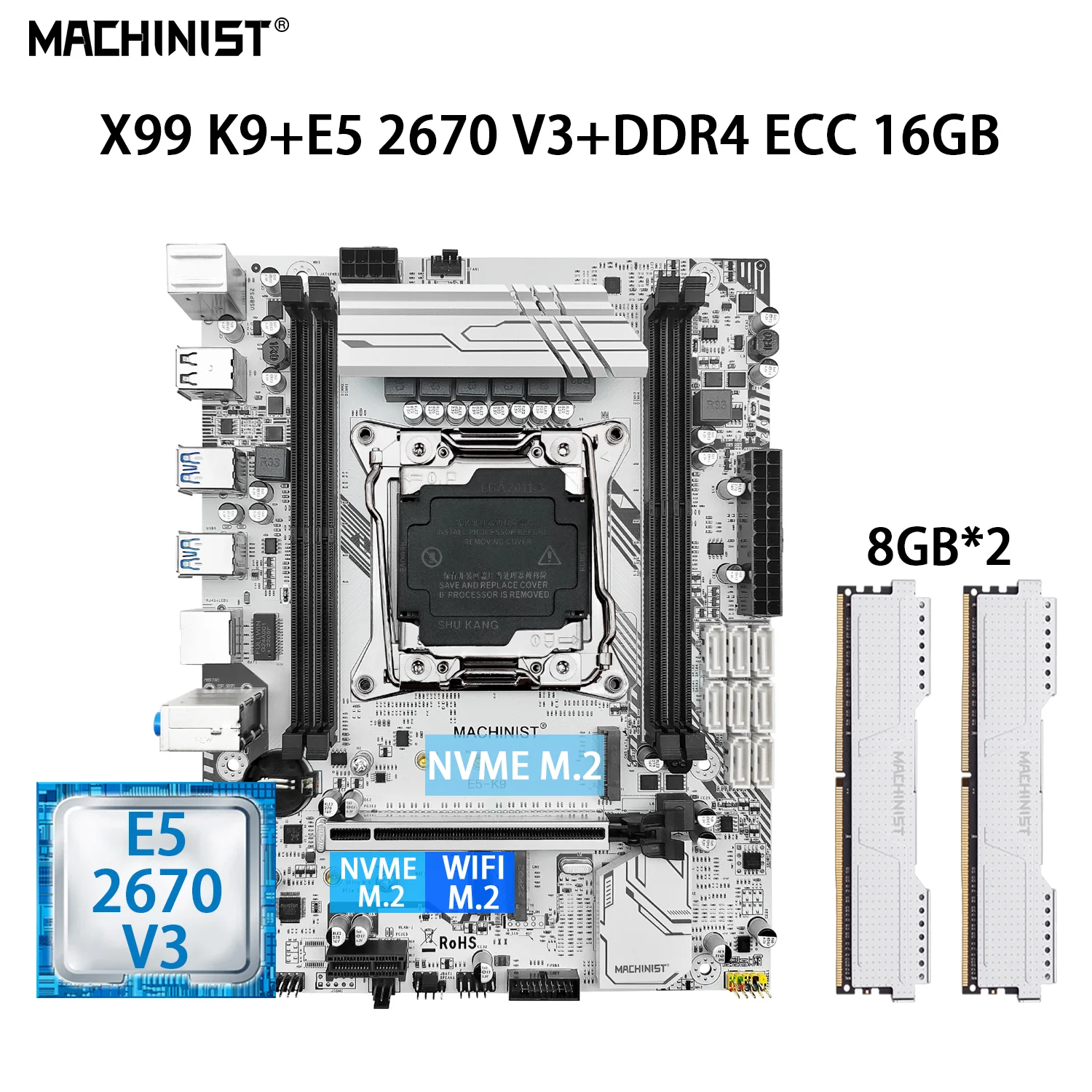 

MACHINIST X99 Motherboard Set With Intel Xeon E5 2673 V3 Processor LGA 2011-3 Kit 2*8GB=16GB DDR4 ECC RAM Memory SATA 3.0 X99 K9